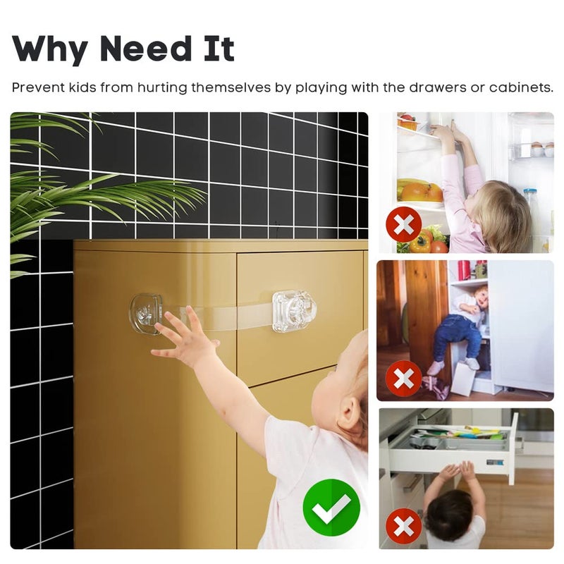 EUDEMON 3 Pack Child Safety Locks, Childproof Strap Locks for Drawers, Fridges, Toilets, Cupboards, Ovens, Cabinets, Multi Use Baby Cabinet Latches, Easy to Install, No Drilling (Transparent) - Image 2